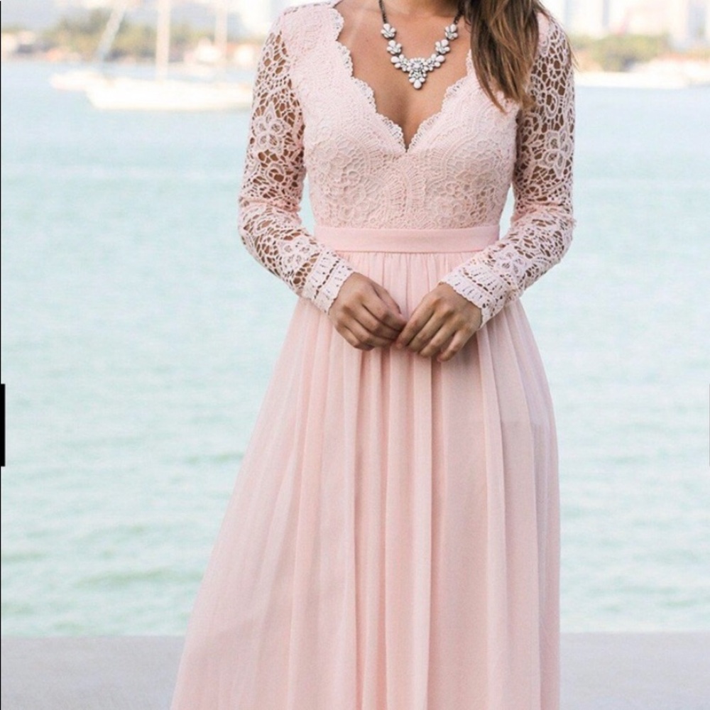 Blush Pink Long Sleeve Lace Maxi Dress